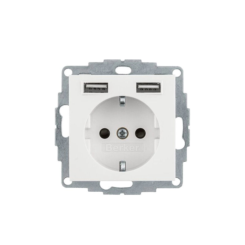 Berker Q.1/Q.3/Q.7 Schuko Steckdose, 2fach USB Ladeport, Buchsen Typ A-A, 2,4A, erh. Berührungsschutz, polarweiß samt
