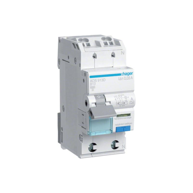 Hager FI-LS-Schalter, Kennlinie B, 13A, 30mA, 1+N, Typ A, QC - ADS913D
