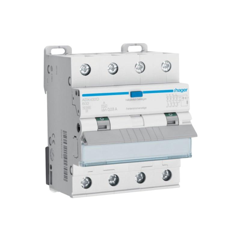 Hager FI-LS-Schalter, Kennlinie B, 32A, 30mA, 4-polig, Typ A - ADX432D