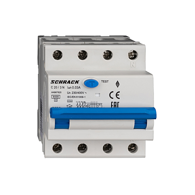 Schrack LS-FI-Schalter AMPARO, 6kA, Kennlinie C, 20A, 30mA, 3+N, Typ A (AK667820--)