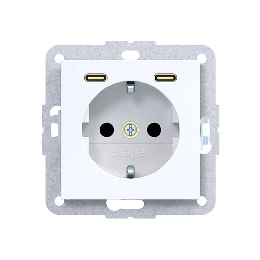 Hager Steckdose SCHUKO mit USB Typ C 2fach PD 20W A.x/C.x lichtweiß glänzend - WAS4055WG