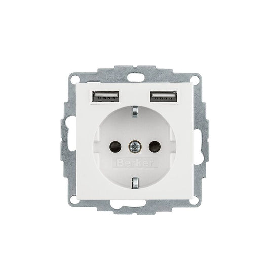 Berker Q.1/Q.3/Q.7 Schuko Steckdose, 2fach USB Ladeport, Buchsen Typ A-A, 2,4A, erh. Berührungsschutz, polarweiß samt