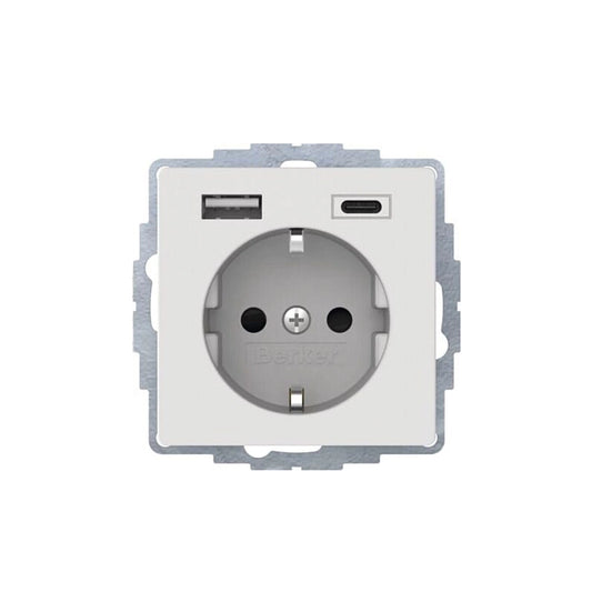 Berker Q.1/Q.3/Q.7 Schuko Steckdose, 2fach USB Ladeport, Buchsen Typ A-C, 3A, erh. Berührungsschutz, polarweiß samt