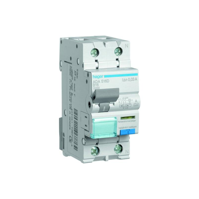 Hager FI-LS-Schalter, Kennlinie B, 16A, 30mA, 1+N, Typ A - ADA516D