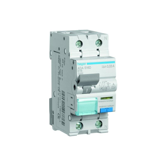Hager FI-LS-Schalter, Kennlinie B, 16A, 30mA, 1+N, Typ A - ADA516D