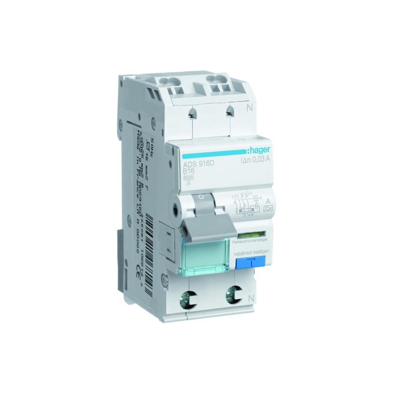 Hager FI-LS-Schalter, Kennlinie B, 16A, 30mA, 1+N, Typ A, QC - ADS916D