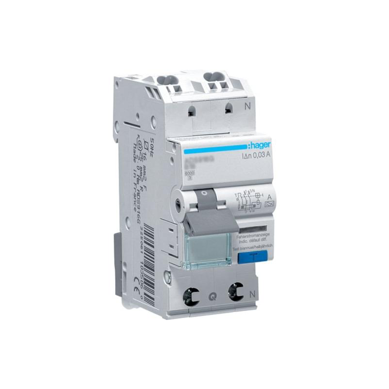 Hager FI-LS-Schalter, Kennlinie B, 16A, 30mA, 1+N, Typ A - G, QC - ADS916G