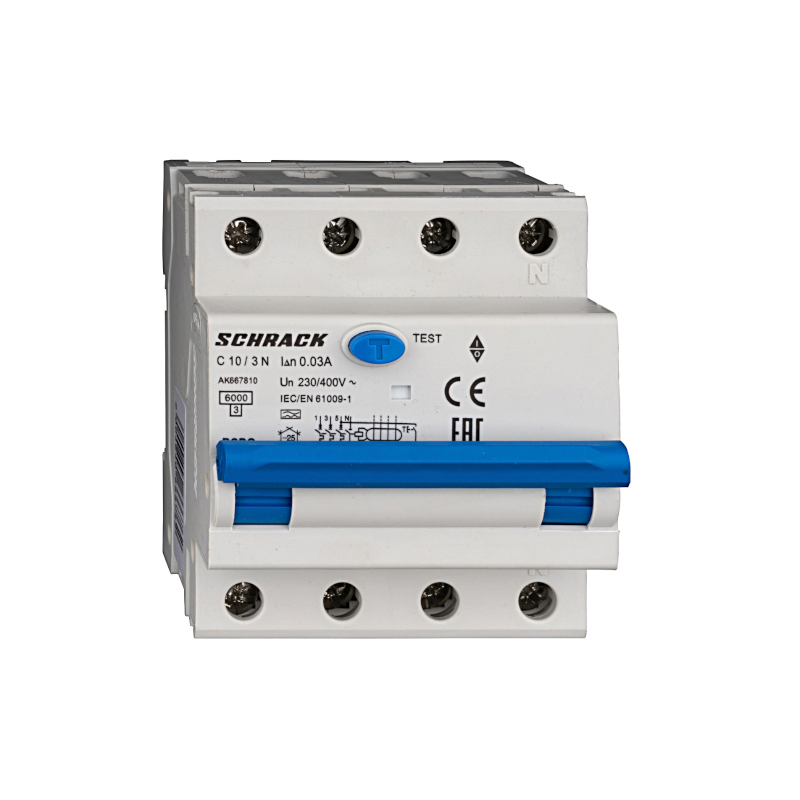 Schrack LS-FI-Schalter AMPARO, 6kA, Kennlinie C, 10A, 30mA, 3+N, Typ A (AK667810--)
