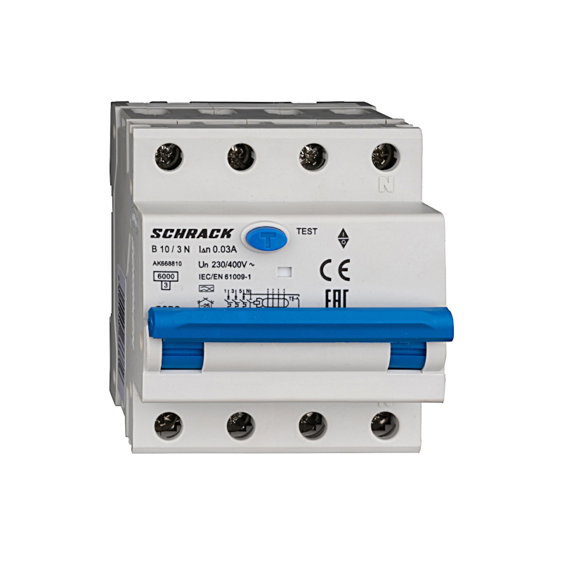 Schrack LS-FI-Schalter AMPARO, 6kA, Kennlinie B, 10A, 30mA, 3+N, Typ A (AK668810--)