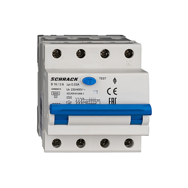 Schrack LS-FI-Schalter AMPARO, 6kA, Kennlinie B, 16A, 30mA, 3+N, Typ A (AK668816--)