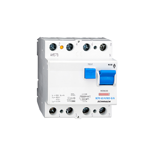 Schrack FI-Schutzschalter, 63A, 4-polig, 30mA, vsf., Bauart G, Typ A (Puls) BC036103—