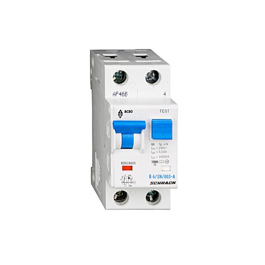 Schrack LS-FI-Schalter, Kennlinie B, 6A, 30mA, 1+N, Typ A (BO618606--)