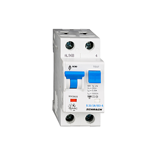 Schrack LS-FI-Schalter, Kennlinie B, 20A, 30mA, 1+N, Typ A (BO618620--)