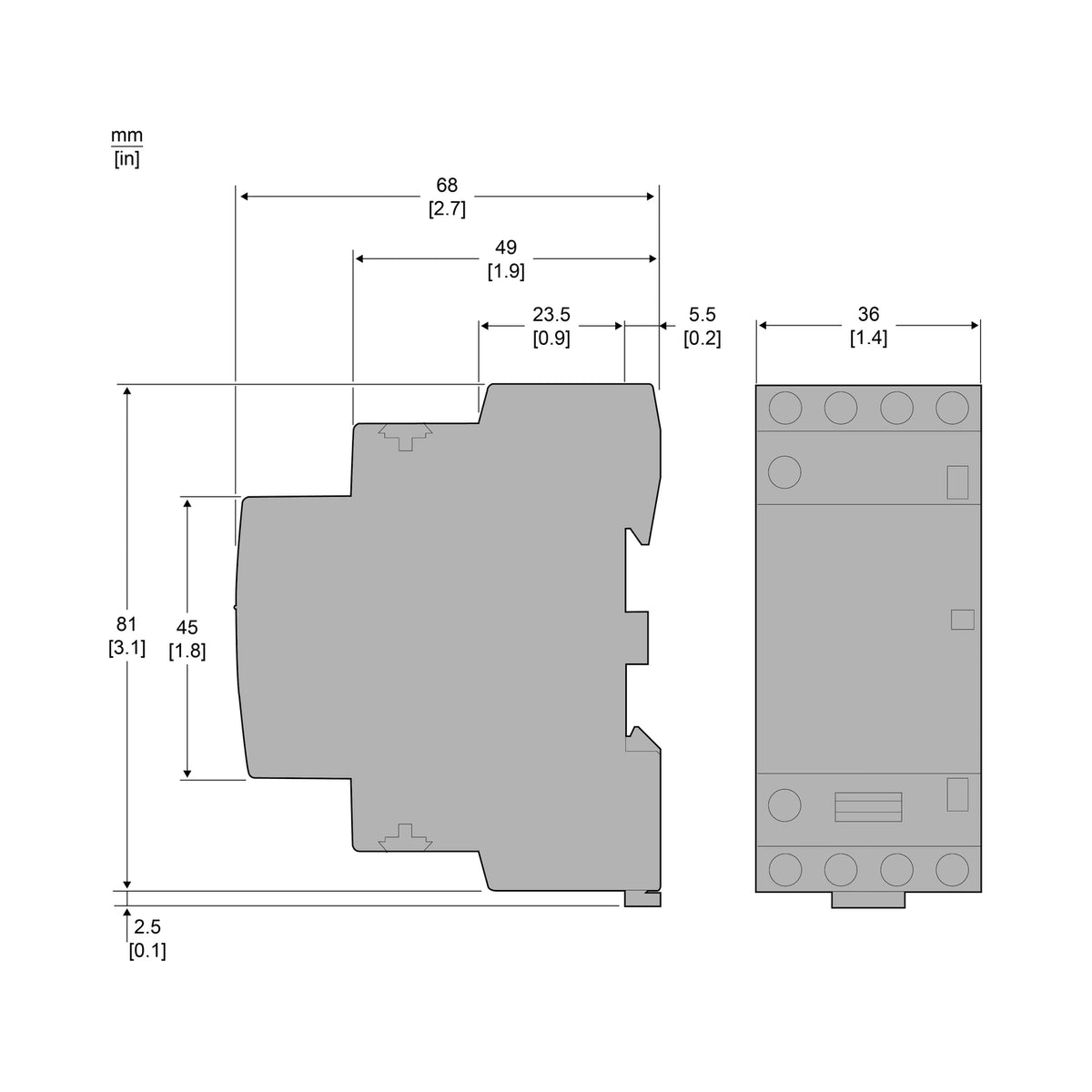 Schneider Standardschütz Typ GC, 4S, 25A, Spule 220-240V AC - GC2540M5 – Maßzeichnung