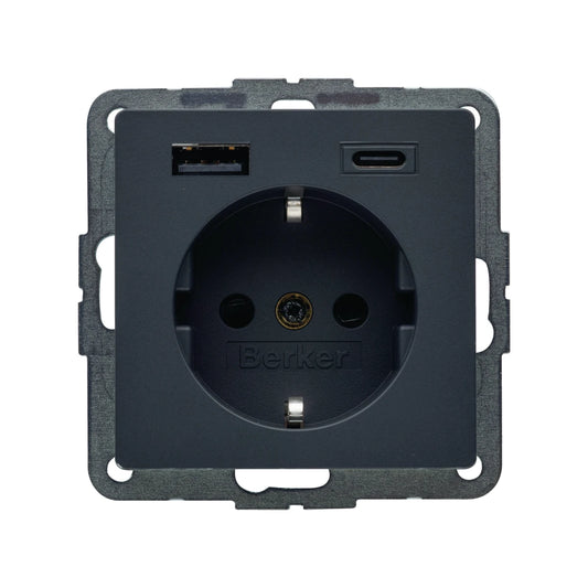 Berker Q.1/Q.3/Q.7 Schuko Steckdose, 1x USB A, 1x USB C, 20W PD, erh. Berührungsschutz, anthrazit samt - 48146086