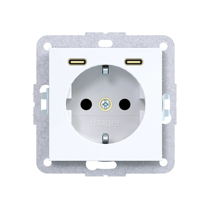 Hager Steckdose SCHUKO mit USB Typ C 2fach PD 20W A.x/C.x lichtweiß glänzend - WAS4055WG
