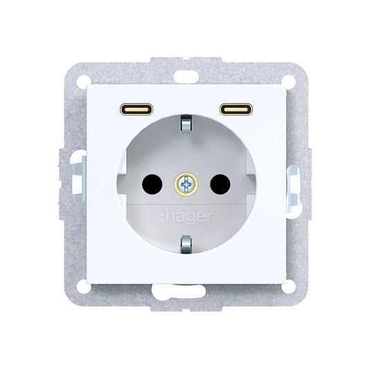 Hager Steckdose SCHUKO mit USB Typ C 2fach PD 20W A.x/C.x lichtweiß glänzend - WAS4055WG