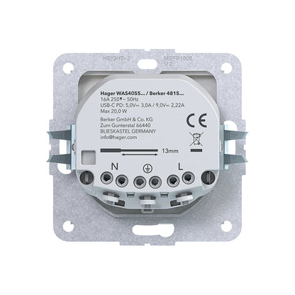 Hager Steckdose SCHUKO mit USB Typ C 2fach PD 20W A.x/C.x lichtweiß glänzend - WAS4055WG