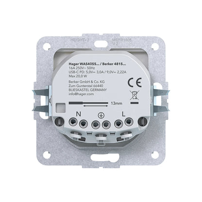 Hager Steckdose SCHUKO mit USB Typ C 2fach PD 20W A.x/C.x lichtweiß matt - WAS4055WM