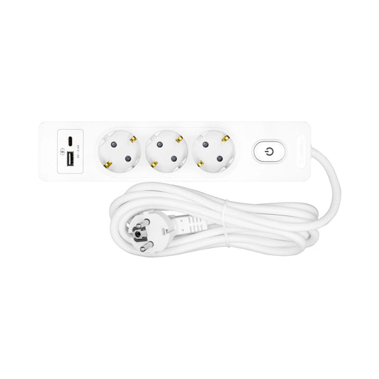 Schrack Steckdosenleiste 3-fach mit Schalter, USB-A + USB-C, 1,5m, weiß - YYG3TU12B-