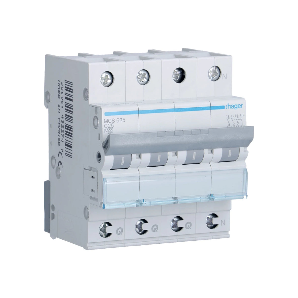 Hager Leitungsschutzschalter, Kennlinie C, 3+N, 25A, QC - MCS625