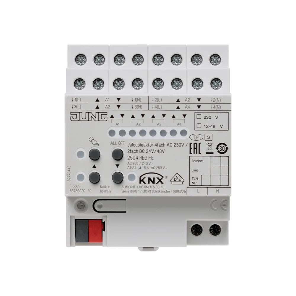 JUNG KNX Jalousieaktor 4-fach AC 110-230 V / 2-fach DC 12-48 V REG 4TE - 2504REGHE