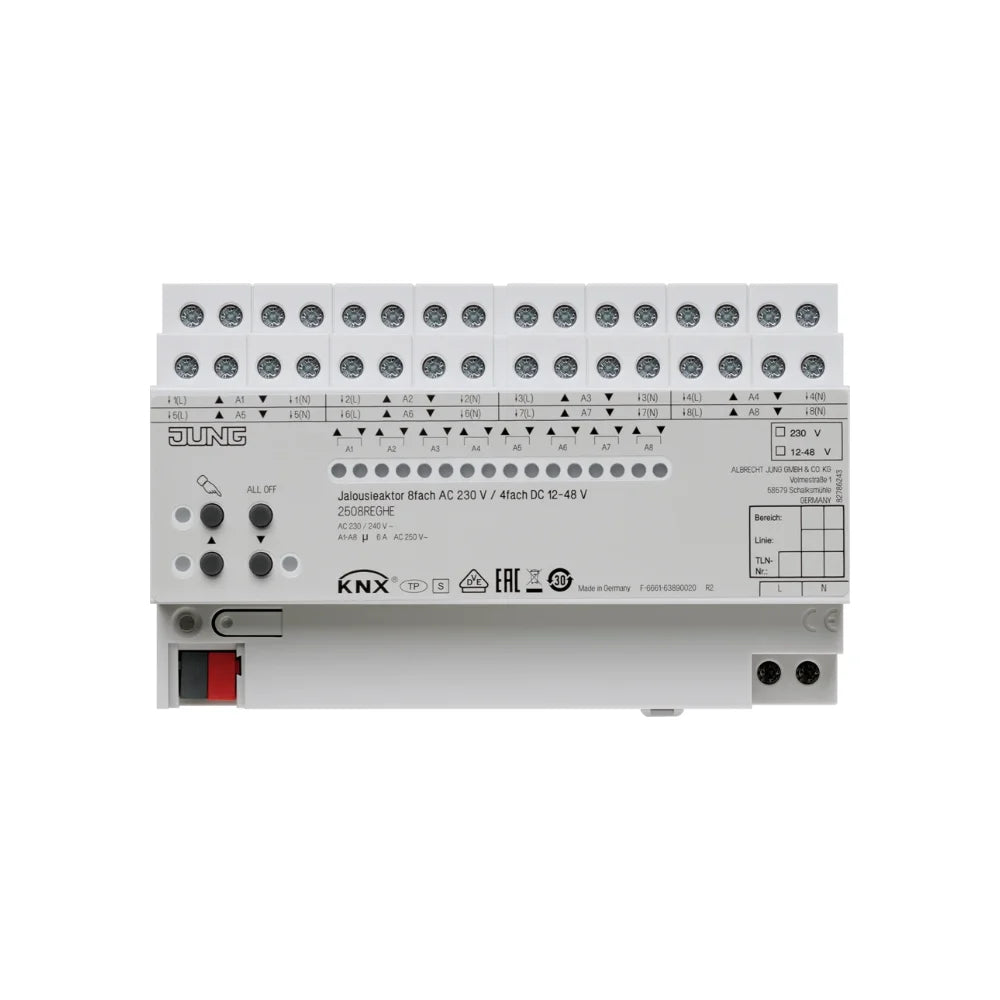 JUNG KNX Jalousieaktor 8-fach AC 110-230 V / 4-fach DC 12-48 V REG 8TE - 2508REGHE